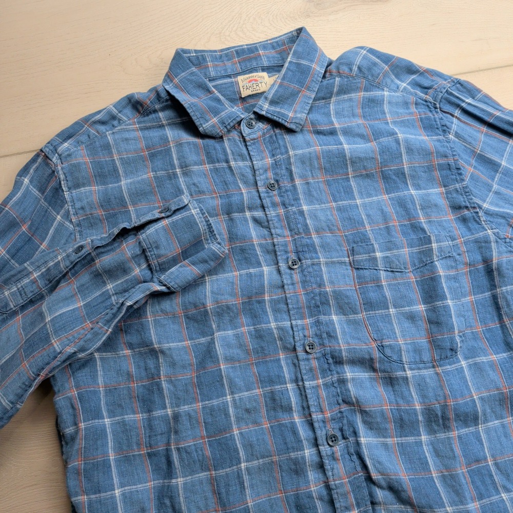 Faherty Linen Shirt Mens Large Blue Indigo Dyed 100% Linen Plaid Button Up